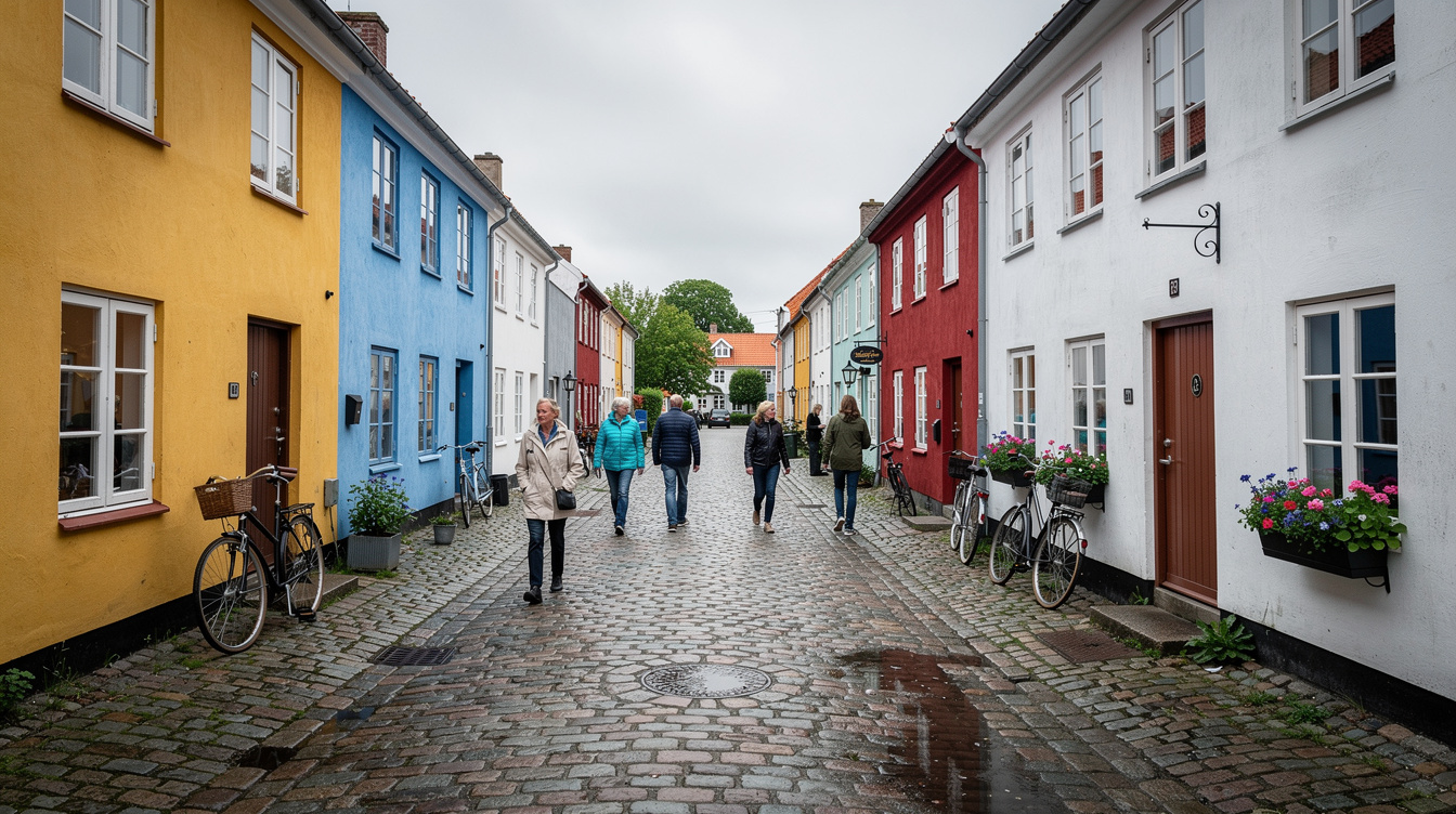 Small Danish town street with old colorful houses
