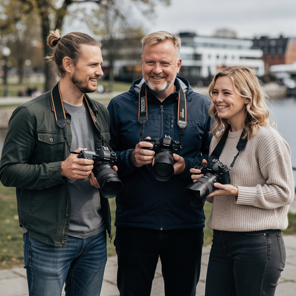 Team of documentary photographers outdoors