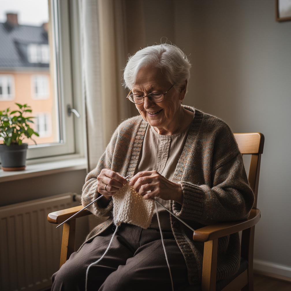 Elderly Danish woman knitting by a window