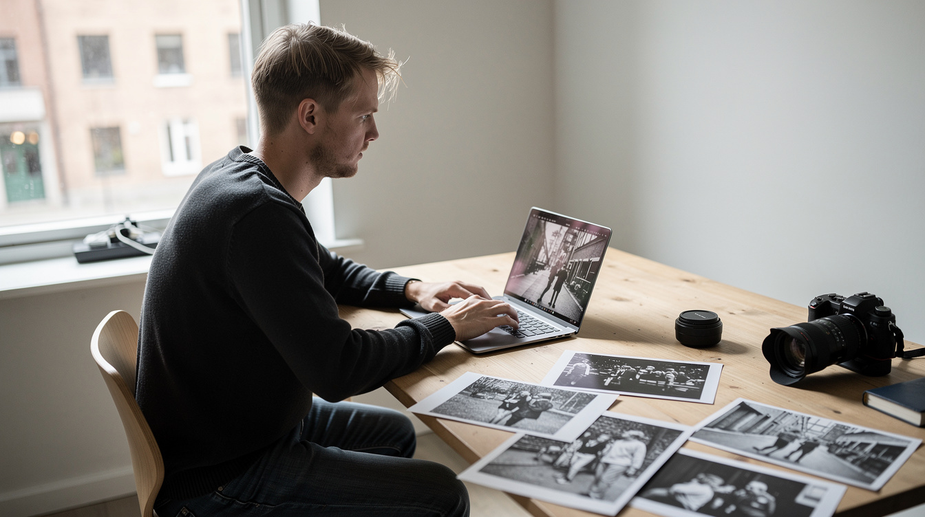Documentary photographer editing photos on a laptop