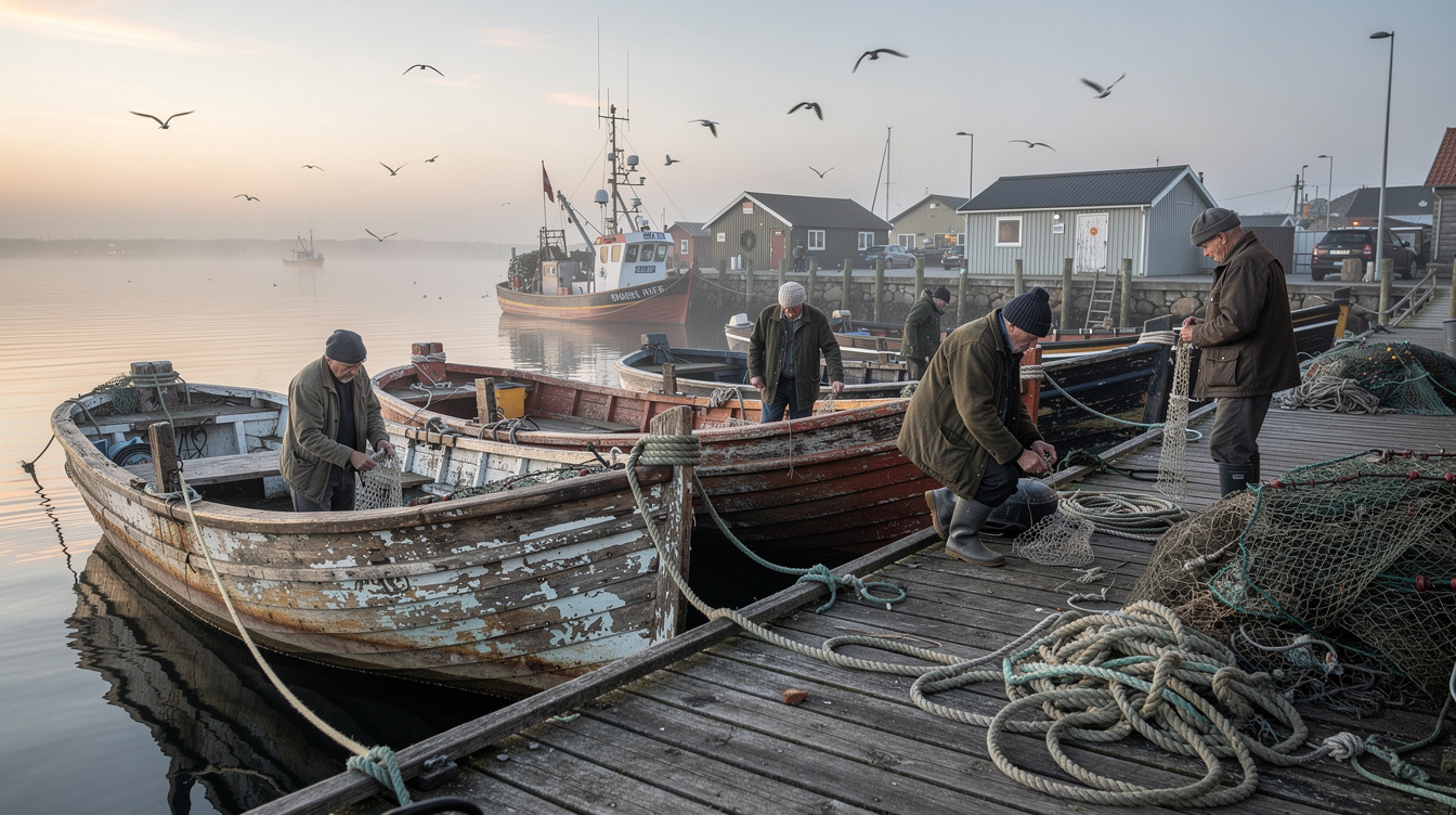 Danish fishing harbor community at sunrise